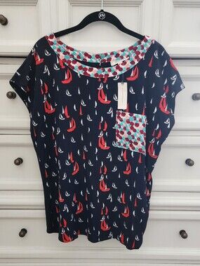 NWT Anthropologie Navy Sailboat Print Short Sleeve Top with Contrast Pocket L